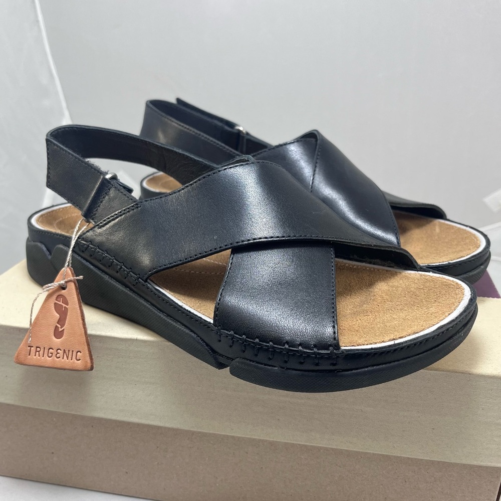 NIB Clarks Trigenic Alexia Black Leather Comfort Sandals Sz 7